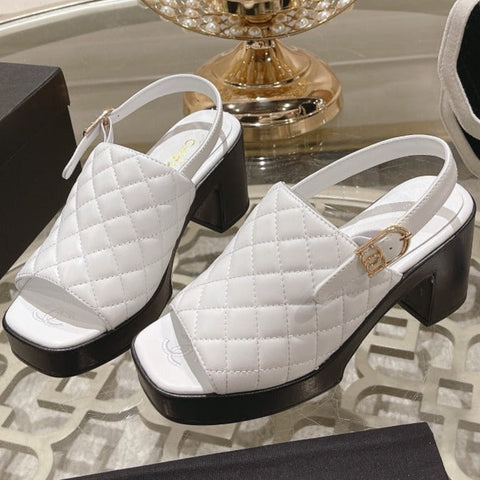 Double C  Chunky Heel Peep-Toe Open Sandals White Lambskin