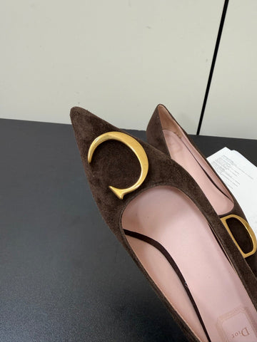 DIOR 26S POINTED-TOE HIGH HEELS 35MM IN DARK BROWN SUEDE GOLD HARDWARE