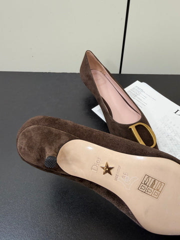 DIOR 26S POINTED-TOE HIGH HEELS 35MM IN DARK BROWN SUEDE GOLD HARDWARE