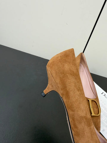 DIOR 26S POINTED-TOE HIGH HEELS 35MM IN TAN BROWN SUEDE GOLD HARDWARE