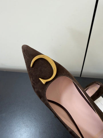 DIOR 26S POINTED-TOE HIGH HEELS 70MM IN DARK BROWN SUEDE GOLD HARDWARE