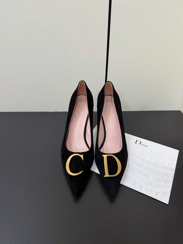 DIOR 26S POINTED-TOE HIGH HEELS 70MM IN BLACK SUEDE GOLD HARDWARE