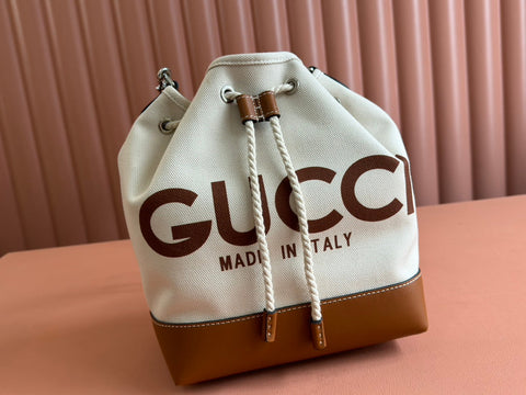 DRAWSTRING SHOULDER BAG LOGO PRINT 31 IN WHITE CANVAS BROWN CALFSKIN