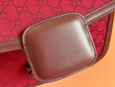 HORSEBIT 1955 SHOULDER BAG 25 IN WINE RED CANVAS AND CALFSKIN GOLD HARDWARE