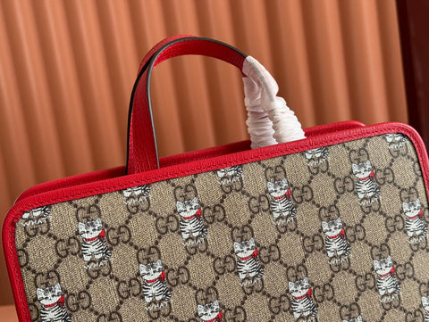 CHILDREN'S PRINTED CAT TOTE BAG 28.5 IN BEIGE AND DARK BROWN GG CANVAS RED TRIM