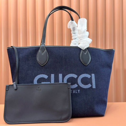 LARGE TOTISSIMA REVERSIBLE TOTE 30.5 IN DARK BLUE DENIM ONE SIDE BEIGE AND BLUE CALFSKIN ON THE OTHER