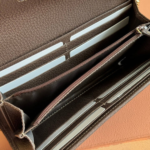 OPHIDIA WALLET ON CHAIN 19 IN BEIGE AND DARK BROWN COATED FABRIC AND BROWN CALFSKIN TRIM