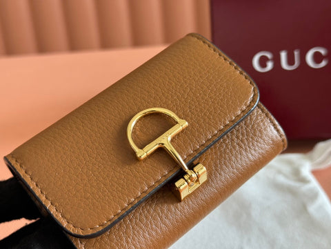 SOFTBIT CARD CASE 10.5 IN BROWN GRAINY CALFSKIN GOLD HARDWARE