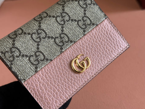 MARMONT BI-COLOUR CARD CASE WALLET 11 IN BEIGE EBONY GG CANVAS PINK CALFSKIN