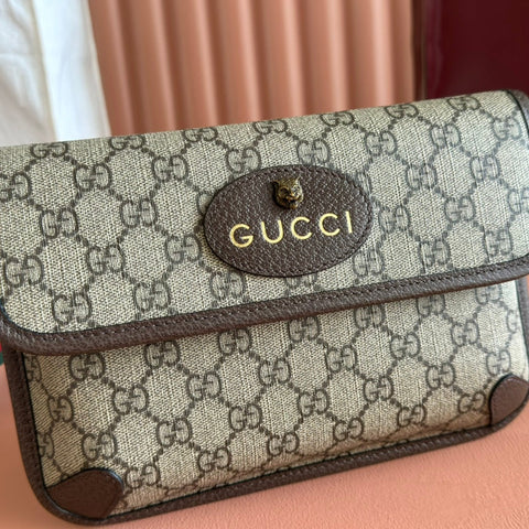 GUCCI NEO VINTAGE TIGER HEAD CROSSBODY BAG 24 IN CANVAS BROWN LEATHER TRIM