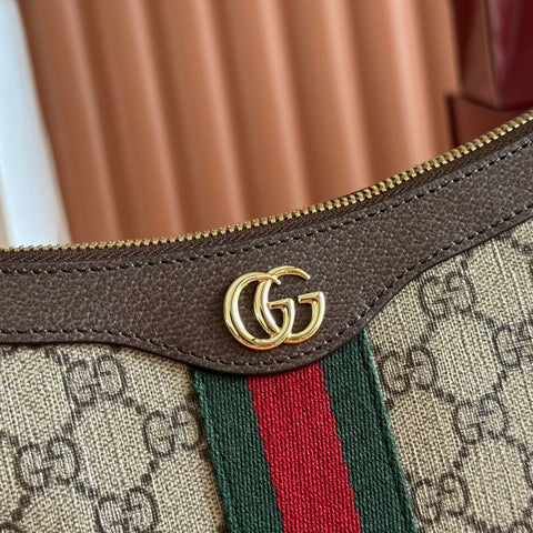 OPHIDIA SMALL SHOULDER BAG 26 IN BEIGE AND DARK BROWN CANVAS