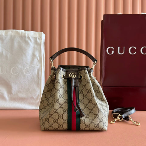 GUCCI 25S OPHIDIA SMALL BUCKET BAG 22 IN BEIGE CANVAS AND BROWN CALFSKIN