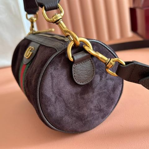 GUCCI 25S OPHIDIA MINI SHOULDER BAG 19 CM IN DARK CHOCOLATE BROWN SUEDE