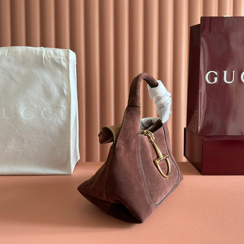 GUCCI 25S HANDBAG 28 CM IN DARK CACAO BROWN SUEDE WITH GOLD HARDWARE