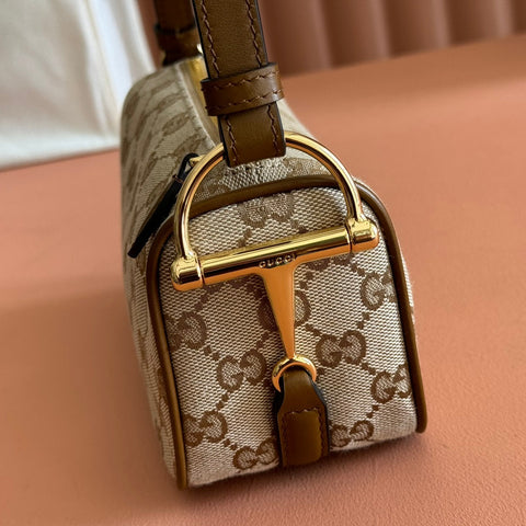 GUCCI 26S SHOULDER BAG 19 IN WARM BEIGE AND BROWN CANVAS
