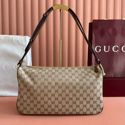 GUCCI 26S SHOULDER BAG 38 IN WARM BEIGE AND BROWN CANVAS
