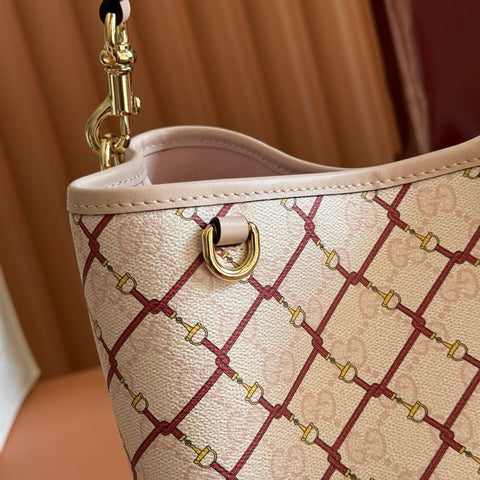 GUCCI 26S GG EMBLEM BUCKET BAG 25 IN LIGHT PINK COATED FABRIC