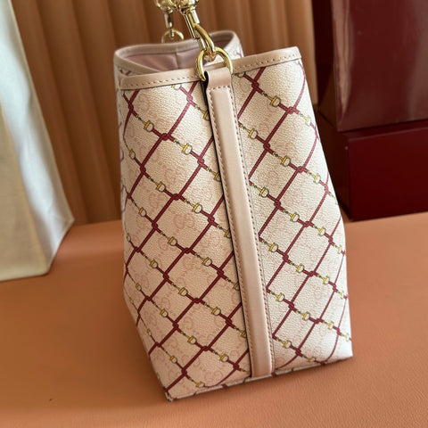 GUCCI 26S GG EMBLEM BUCKET BAG 25 IN LIGHT PINK COATED FABRIC