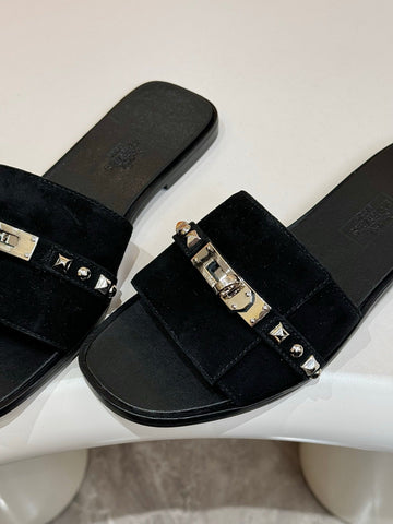HM 26S GIULIA SANDAL IN BLACK SUEDE AND CALFSKIN SILVER HARDWARE