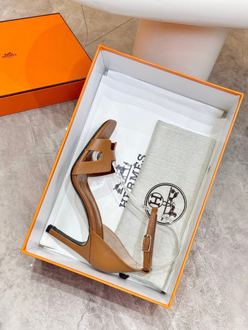 HM 26S H HIGH HEEL SANDALS 90MM IN TAN BROWN GRAINED CALFSKIN