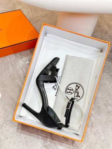 HM 26S H HIGH HEEL SANDALS 90MM IN BLACK GRAINED CALFSKIN