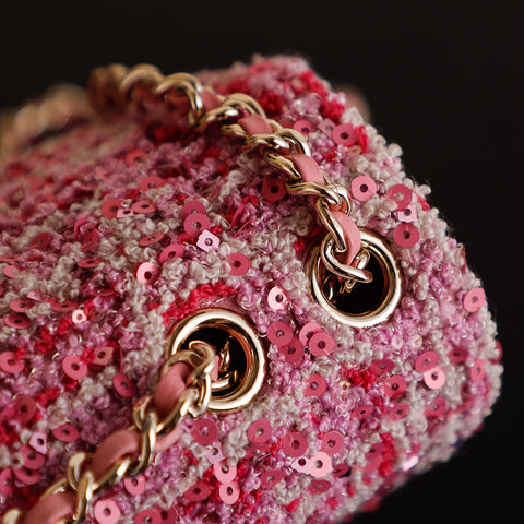 CHANEL 25S FLAP BAG 21 CM IN PINK SEQUINED TWEED WITH GOLD HARDWARE
