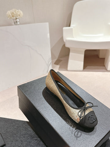 BALLET FLATS IN GOLDEN GLITTERED TULLE AND BLACK SATIN