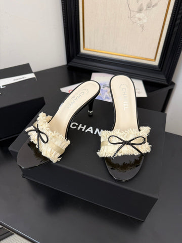 WHITE GROSGRAIN CANVAS BOW MULE SANDALS 90 MM