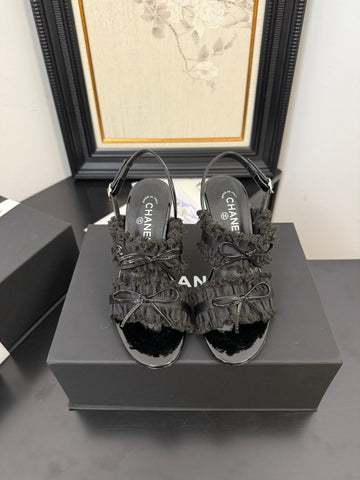 BLACK GROSGRAIN CANVAS BOW SLINGBACK SANDALS
