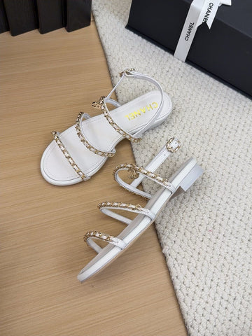 THREE-STRAPS SANDALS IN WHITE CALFSKIN WITH GOLD HARDWARE