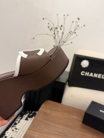 CHANEL 26S WEDGE SANDALS 95 MM IN DARK BROWN CALFSKIN