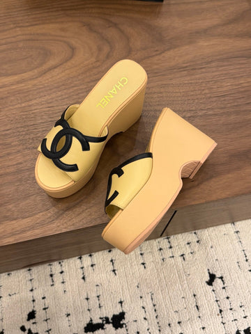 CHANEL 26S WEDGE SANDALS 95 MM IN PASTEL YELLOW CALFSKIN