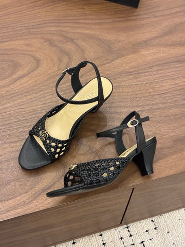 CHANEL 26S HIGH-HEELED BACK-STRAP SANDALS 60 MM IN BLACK WOVEN LAMBSKIN