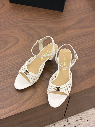 CHANEL 26S HIGH-HEELED BACK-STRAP SANDALS 60 MM IN WHITE WOVEN LAMBSKIN