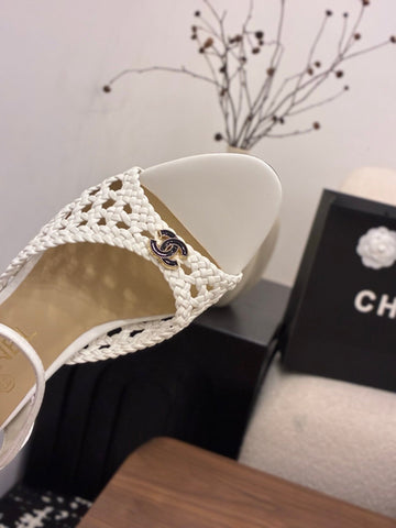 CHANEL 26S HIGH-HEELED BACK-STRAP SANDALS 60 MM IN WHITE WOVEN LAMBSKIN