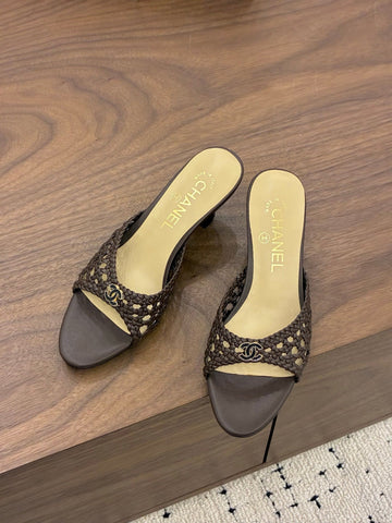 CHANEL 26S HIGH HEELS SANDALS 60 MM IN DARK BROWN WOVEN LAMBSKIN