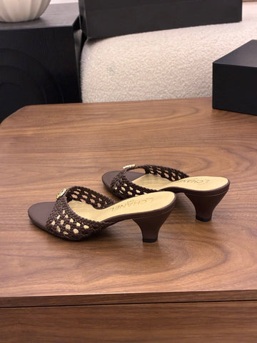 CHANEL 26S HIGH HEELS SANDALS 60 MM IN DARK BROWN WOVEN LAMBSKIN