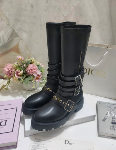 CD ZIPPER BUCKLE BOOTS IN BLACK CALFSKIN