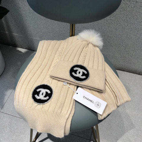 SET BEANIE HAT AND SCARF IN BISQUE BEIGE WOOL 424022