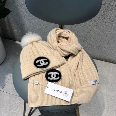 SET BEANIE HAT AND SCARF IN BISQUE BEIGE WOOL 424022