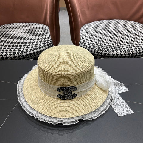 CHANEL 26S LACE & FLORAL TRIM STRAW HAT 337936