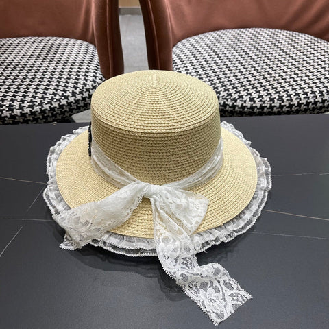 CHANEL 26S LACE & FLORAL TRIM STRAW HAT 337936