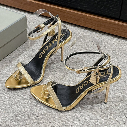 PADLOCK POINTY NAKED SANDAL 85 MM IN GOLD CALFSKIN