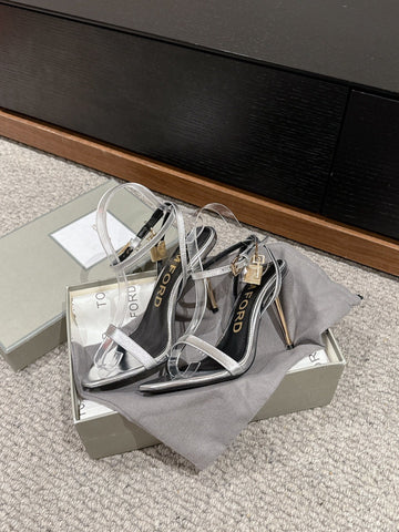 PADLOCK POINTY NAKED SANDAL 85 MM IN SILVER CALFSKIN