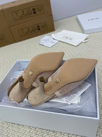DIOR HIGH SLINGBACK 100 MM 25S IN NUDE LACE NET FABRIC AND SUEDE