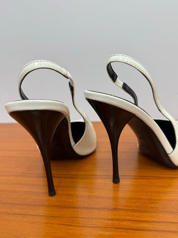 YSL 26S HEELED SLINGBACKS 100 MM IN WHITE GLOSSY CALFSKIN