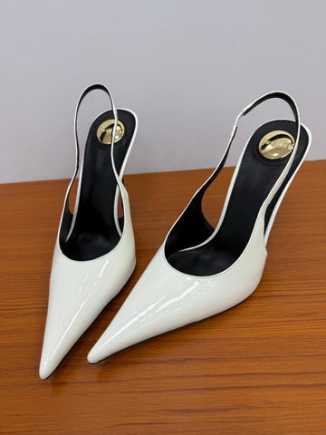 YSL 26S HEELED SLINGBACKS 100 MM IN WHITE GLOSSY CALFSKIN