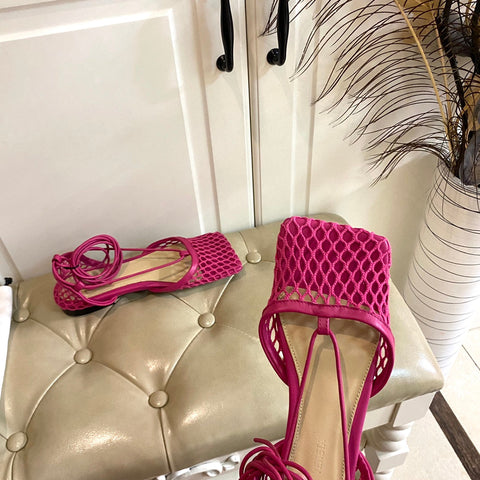 STRETCH LACE-UP FLAT SANDAL IN BRIGHT PINK METALLIZED MESH AND LEATHER