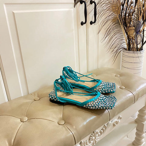 LACE-UP FLAT SANDAL IN CERULEAN BLUE METALLIZED MESH AND LEATHER WITH RHINSTONES