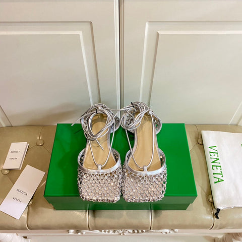 LACE-UP FLAT SANDAL IN SILVER METALLIZED MESH AND LEATHER WITH RHINSTONES